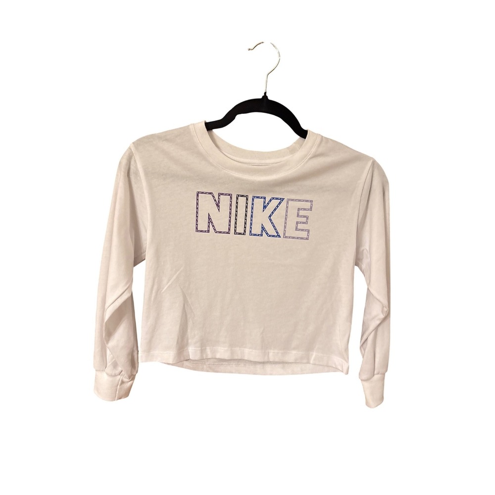 Nike Girls White Long Sleeve Cropped Graphic T-Shirt Size 6X